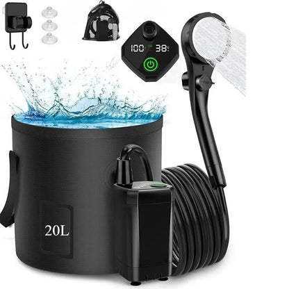 Portable Camping Shower with Rechargeable Pump - 6000Mah Outdoor Shower Kit W/ 20L Foldable Bag for Travel, Garden & Car Wash