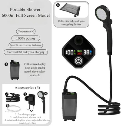 Portable Camping Shower with Rechargeable Pump - 6000Mah Outdoor Shower Kit W/ 20L Foldable Bag for Travel, Garden & Car Wash